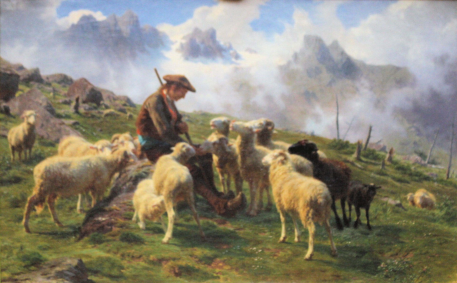 Imagem de referência de Berger des Pyrénées donnant du sel à ses moutons, descrito nos dados abertos como pintura de Rosa Bonheur