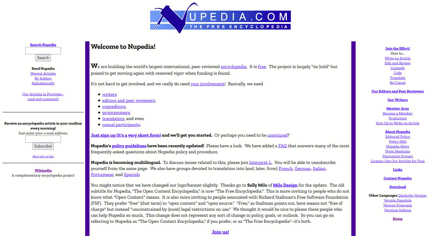 Imagem de referência relacionada a Nupedia, item descrito como antiga enciclopédia online de licença livre