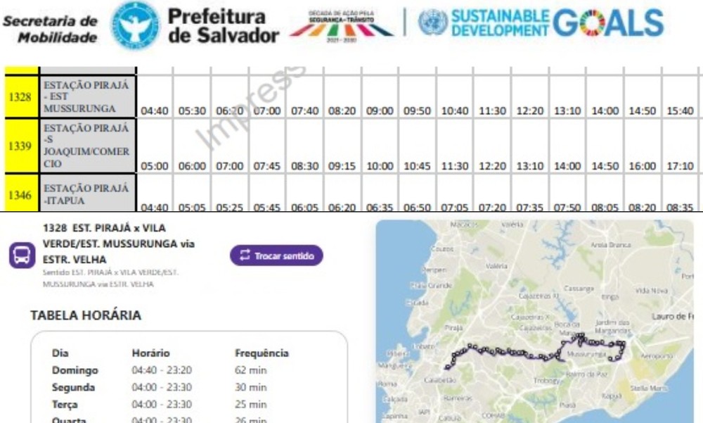 Tabela de viagens da prefeitura de Salvador para o domingo de eleição mostra linha 1328 (acima) com intervalos maiores do que operação regular em dias úteis (abaixo) — Foto: Montagem do GLOBO com fotos de Reprodução/STF e Prefeitura de Salvador