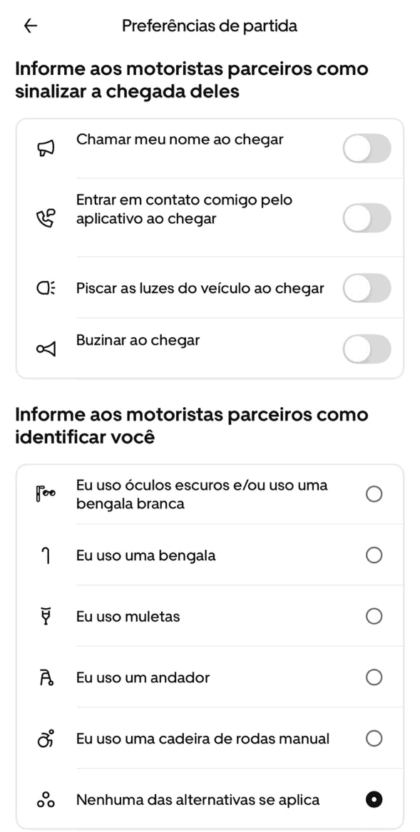 Função exibida no celular do passageiro